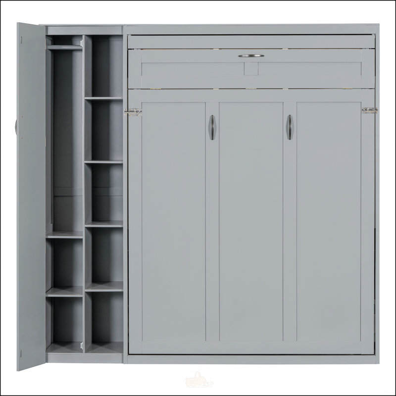 Lit escamotable double pleine grandeur avec tablettes, Double, Gris