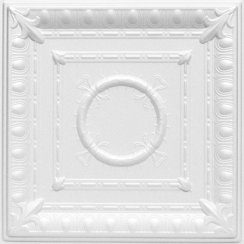 Tuile de plafond en polystyrène à collage romane 1,6 pi x 1,6 pi Romanesque Wreath, Blanc ultra pur