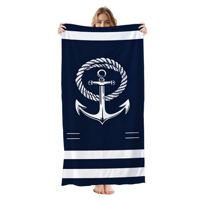  Serviette de plage légère en microfibre, absorbante sans décoloration, 30 po x 60 po, corde ancre bleu marine