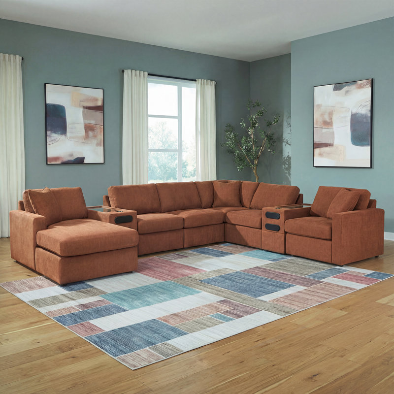 Canapé modulaire 8 pièces Braintree avec méridienne et consoles audio, Polyester brun, Orienté à droite