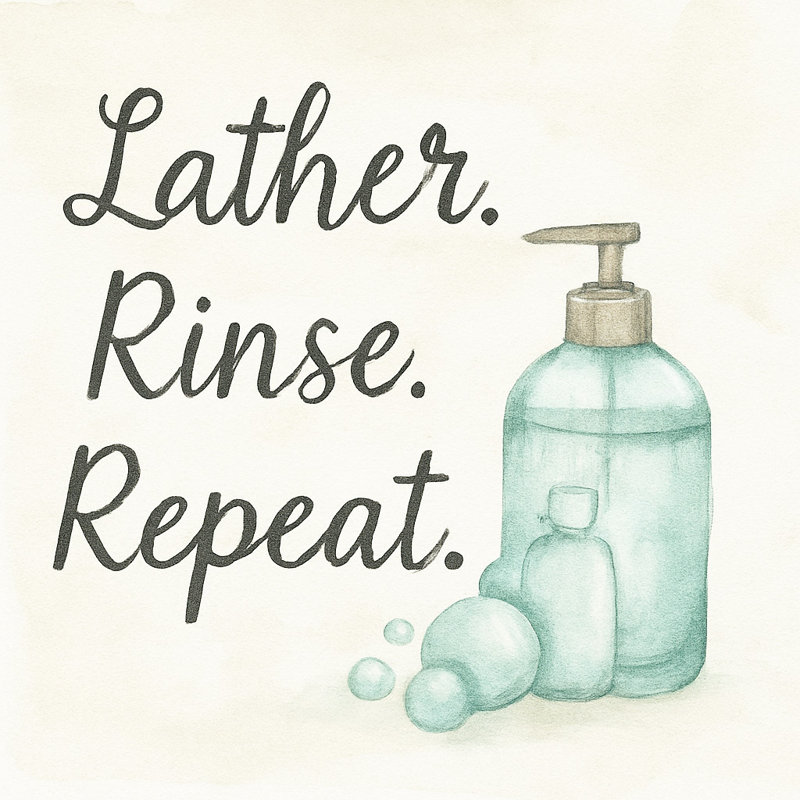 Lather. Rinse. Repeat. – Aqua Soap Bottle Canvas Wall Art