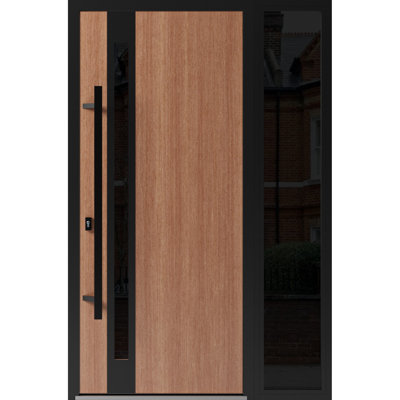 Porte d'entrée extérieure prémontée en acier Ronex 1033, finition teck, fenêtre latérale extérieure, imposte, métal peint, style moderne, largeur 36+16 po x hauteur 80 po, ouverture à droite vers l'intérieur