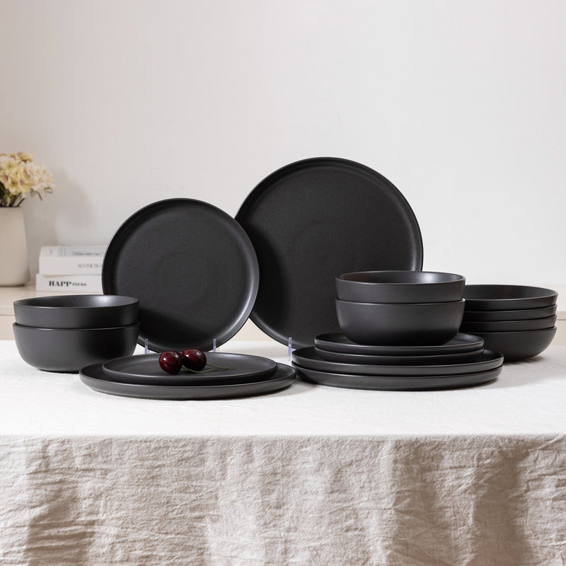 Service de table en grès 16 pièces ALOFMO Pure avec bol à pâtes - Service pour 4, Noir