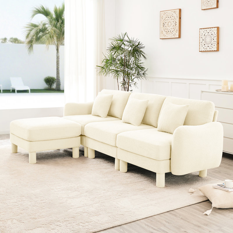 Tissu convertible en forme de L avec 3 pieds cylindriques en forme de coquillage, amovibles et auto-enveloppés, beige, style contemporain pour la détente dans la chambre à coucher, fabrication, rembourrage en mousse de siège confortable