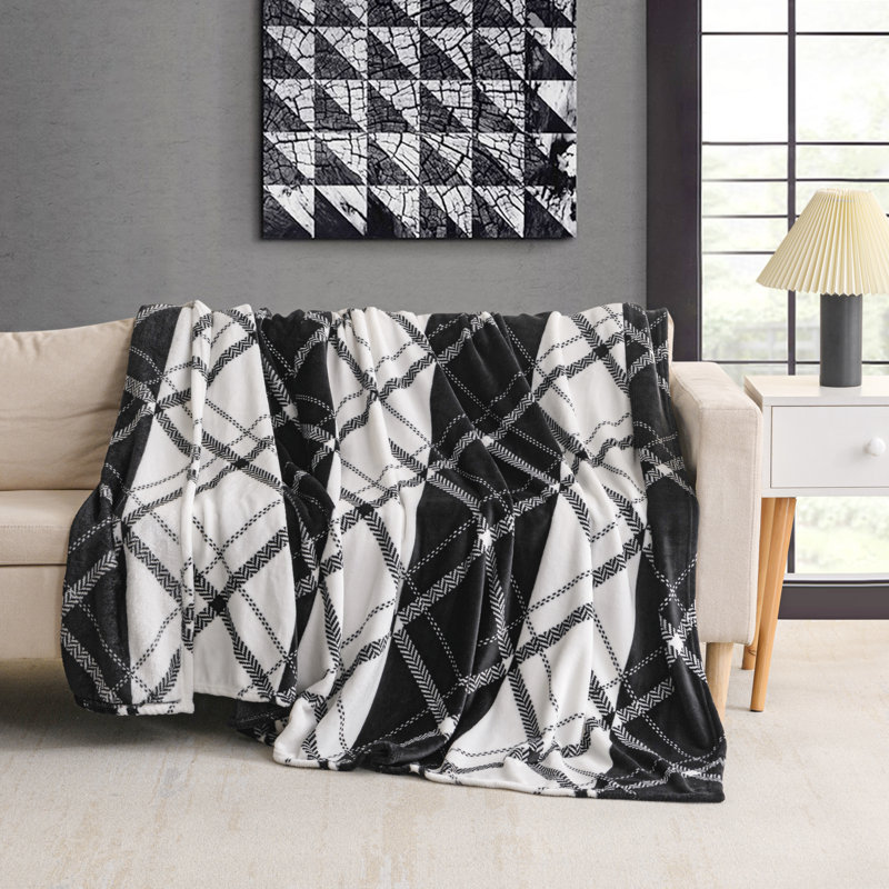 Couverture en peluche imprimée, Noir / blanc, Losange, Très grand