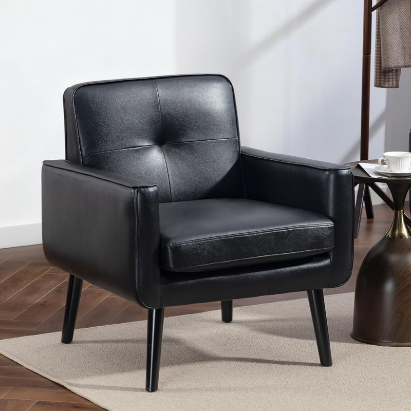 Chaise d'appoint Cottle Mid Century, chaises de salon en cuir polyuréthane avec cadre en bois, fauteuil de lecture confortable avec dossier confortable pour appartement, salon, chambre à coucher, salle d'attente, petit espace, coin