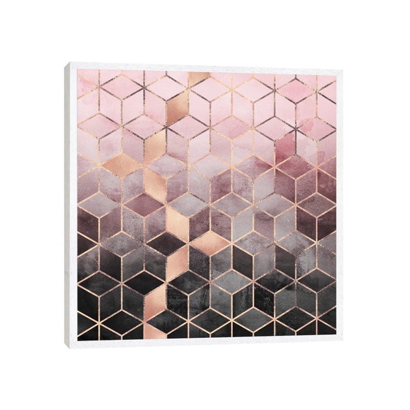 Pink And Grey Cubes by Elisabeth Fredriksson - Wrapped Canvas Print, 45.72 cm H x 45.72 cm W x 3.175 cm D, White Framed