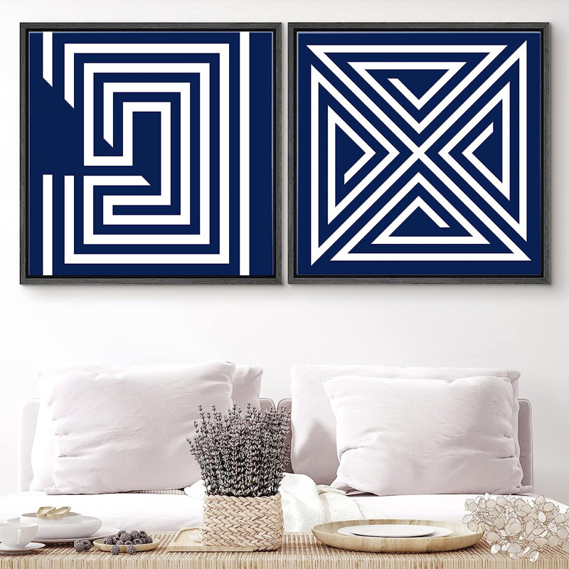 Reproduction de labyrinthe géométrique bleu et orange sur toile, 2 pièces, H 24 po x l 48 po x P 1,5 po, Noir