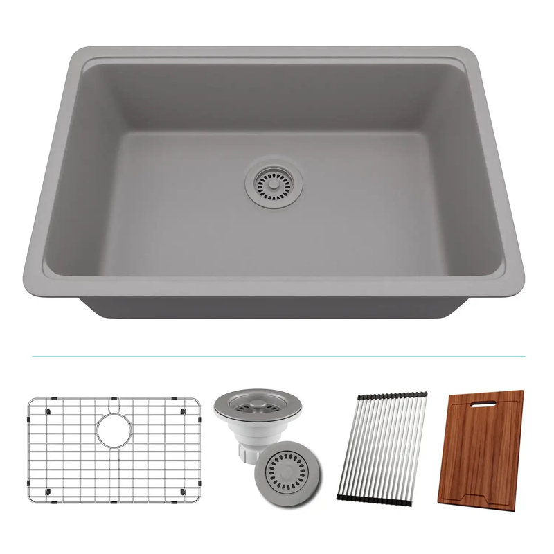 Évier de cuisine 30 po à cuve simple encastrée en composite de quartz de 19 po avec accessoires, Galaxie béton