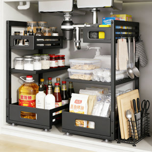 Pull-Out Under Sink Organizer, 17IN Depth, 8-Level Height Adjustable Metal Drawer, Black, 2-Pack