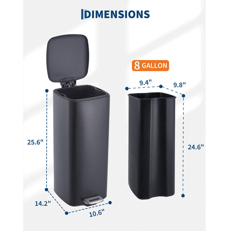 Poubelle de cuisine 8 gallons en acier inoxydable - À marche, couvercle à fermeture douce, seau intérieur amovible, résistant aux empreintes digitales, poubelle carrée pour la maison, le bureau, la salle de bain, la salle de lavage - noir