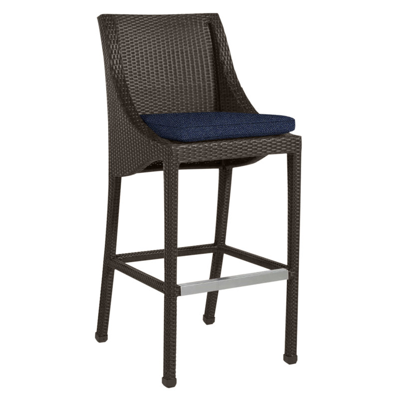 Athena Patio Bar Stool with Cushion, Black Walnut, Welt, Intermix Indigo