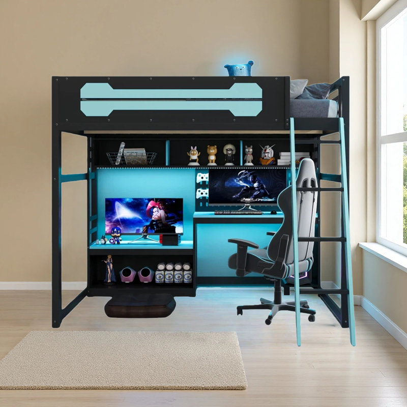 Lit mezzanine en bois pleine grandeur avec bureau, tablettes, lumières DEL, ports USB et panneau perforé, Bleu