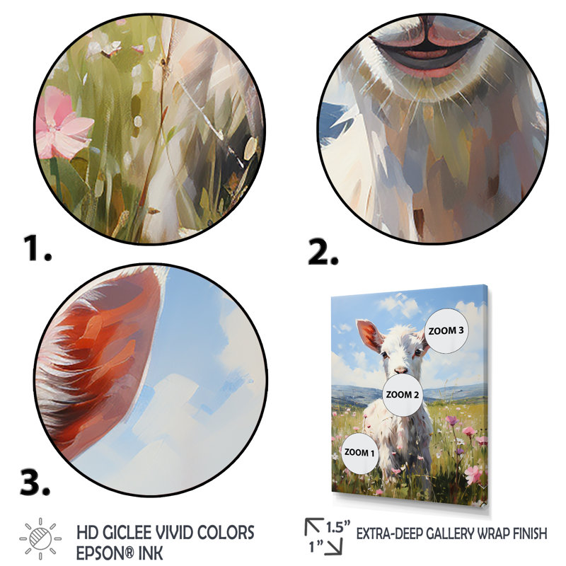 Mignonne chèvre dans les prés floraux - Art mural animal de chèvre, Cadre flottant doré, H 32 po x l 24 po