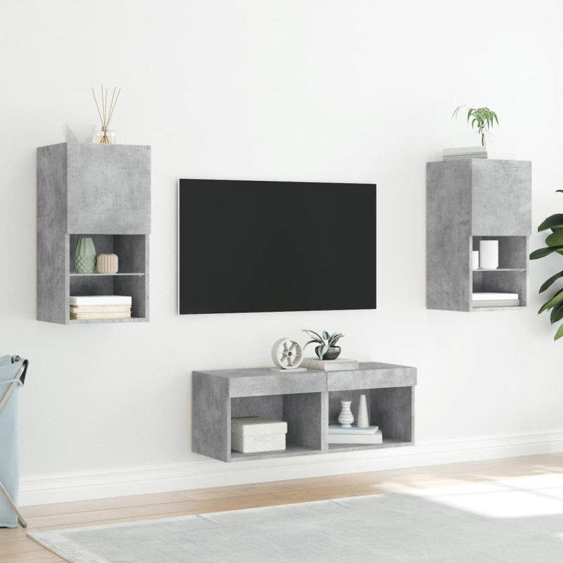  4 Piece TV Wall Cabinets With LED Lights, Concrete Grey