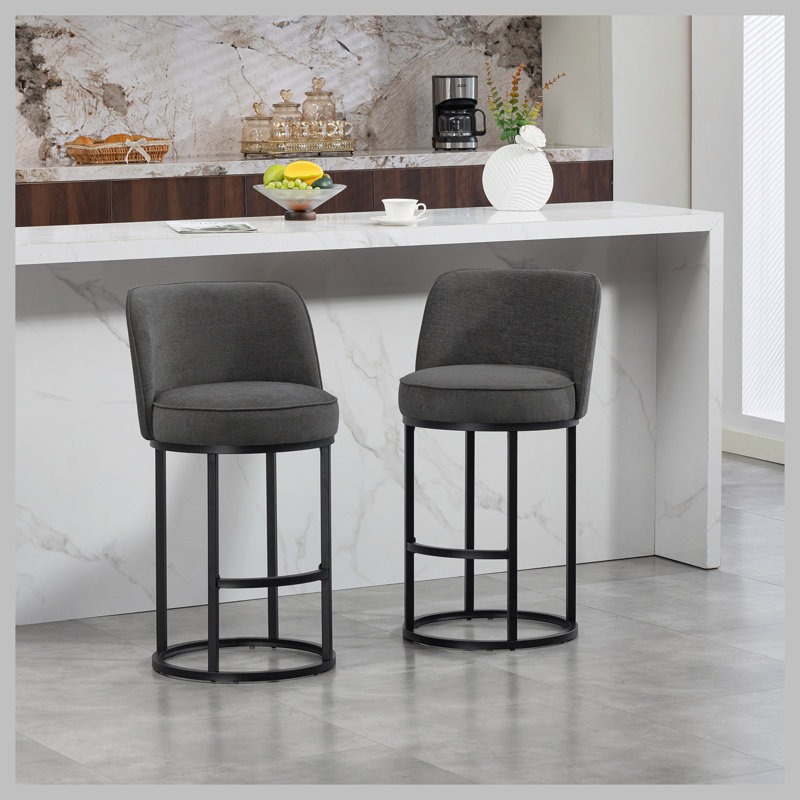 Counter Height Bar Stools Set of 2, Modern Barrel Counter Stools with Backrest, Linen Fabric Upholstered Accent Bar Stools for Kitchen Island
