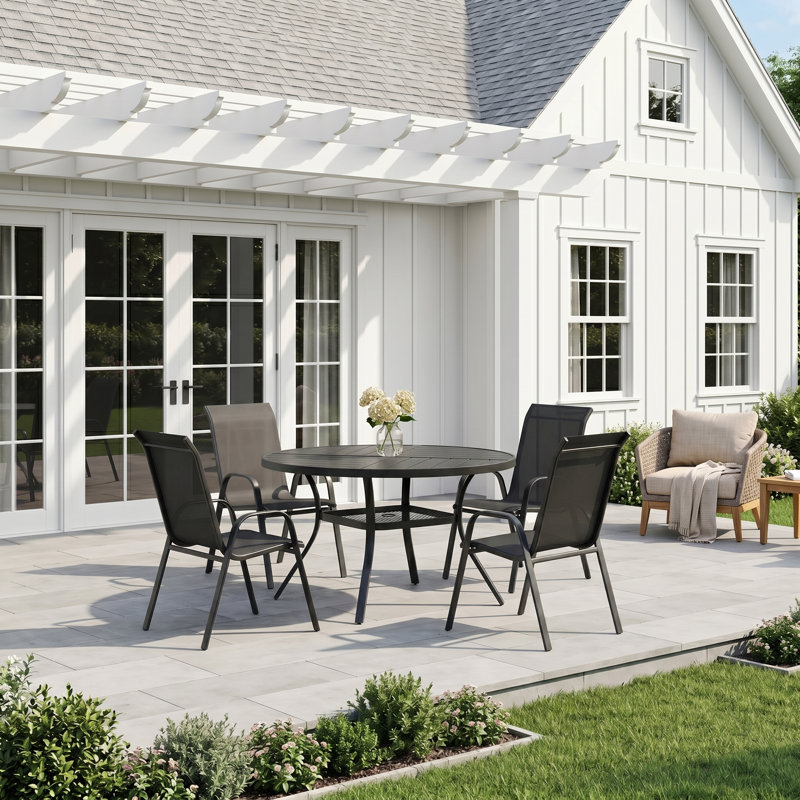 4-Person Round Patio Dining Set With Stackable Textilene Chairs, Black/Black