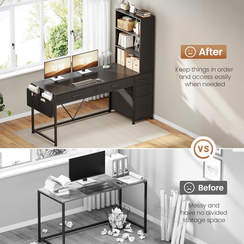 Barbarino Computer Desk With 5 Drawers And Bookshelf Led Lights For Small Spaces, Black/Black