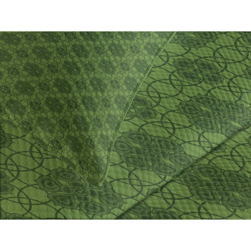 Green Geometric Patterned Queen Bedspread Set with Pillow Shams