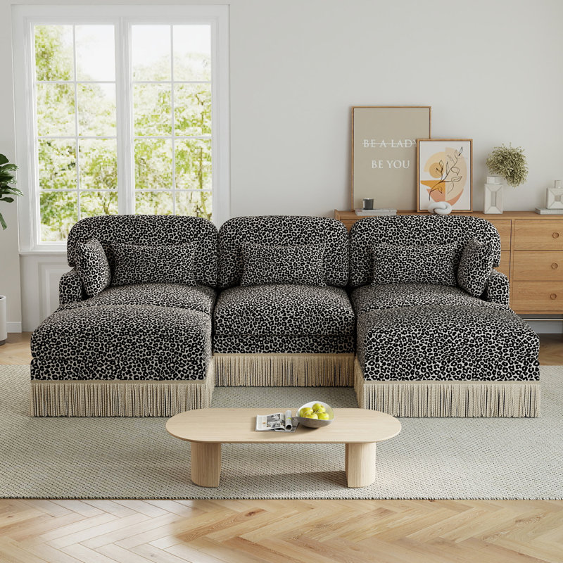 Canapé modulaire de 100 po en forme de U modulaire avec bord à pampille délicat et 5 coussins, canapé-lit à 5 places en chenille à imprimé léopard moderne et confortable avec 2 repose-pieds et siège profond de 24 po pour le salon