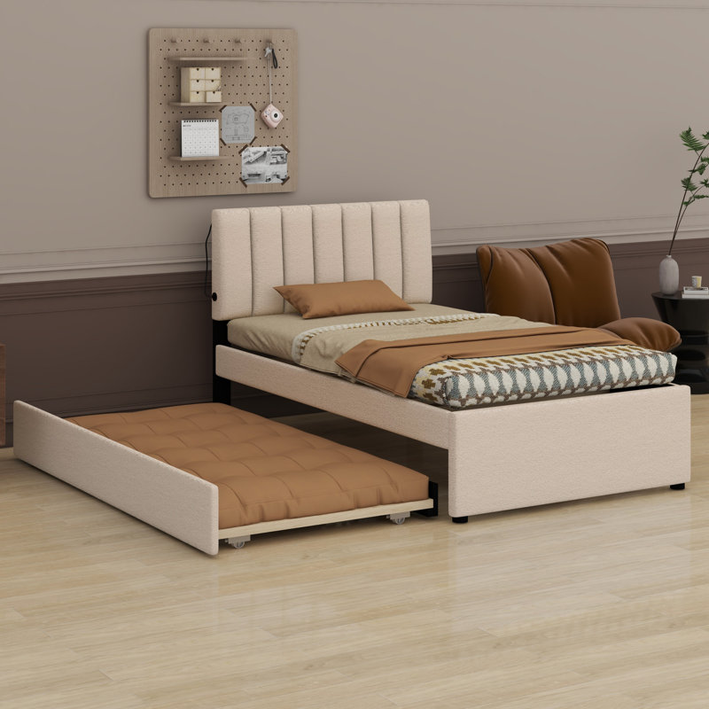 Upholstered Platform Bed With Trundle, Beige