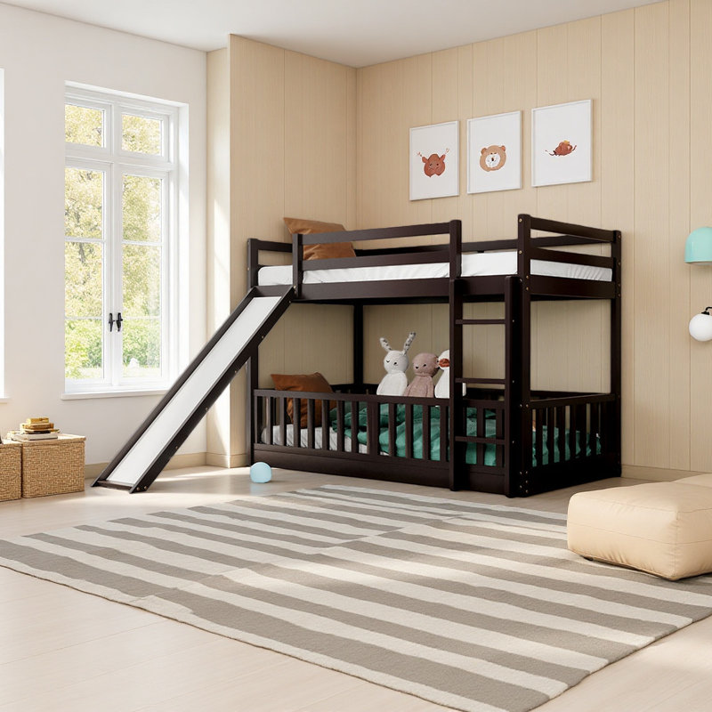Twin Over Twin Bunk Bed With Slide And Ladder, Espresso