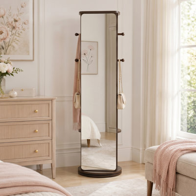 Miroir pivotant sur 360 ° avec cadre en bois d'hévéa et crochets de rangement