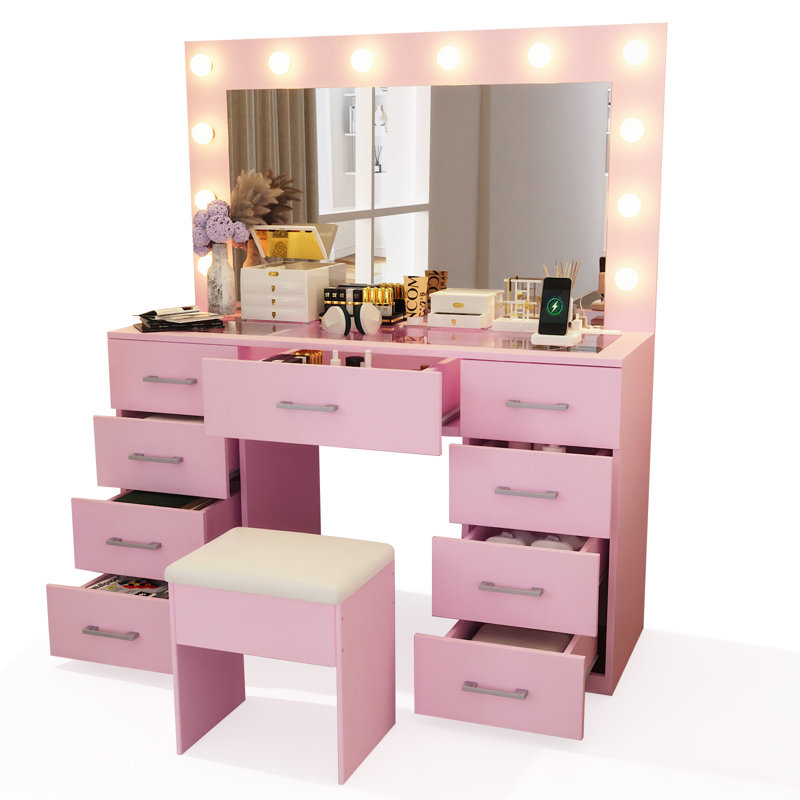 Light Pink Large Makeup Vanity Set With Lights, Usb & Power Outlet,9 Drawers, Light Pink