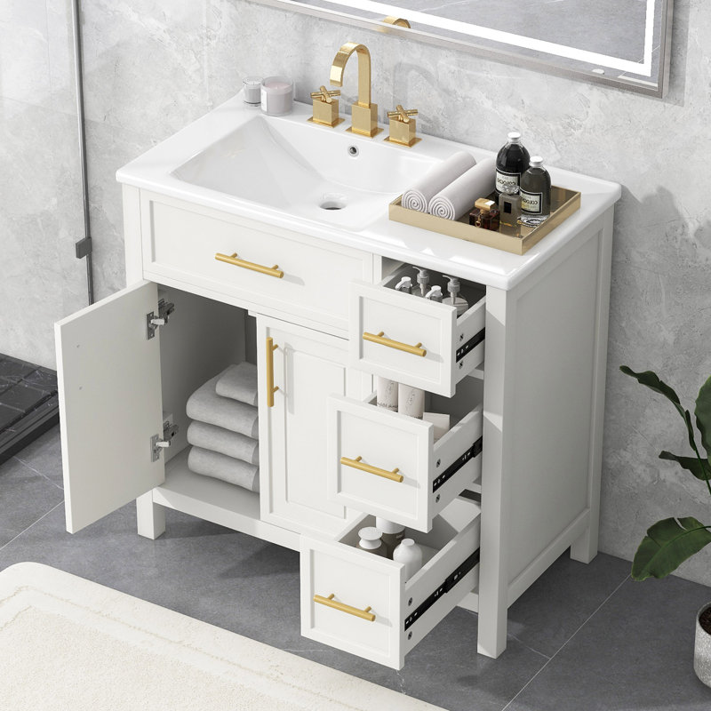 Meuble-lavabo de 36 po avec comptoir d'évier, armoire de meuble-lavabo avec deux portes et trois tiroirs, bois massif, planches en MDF, un paquet