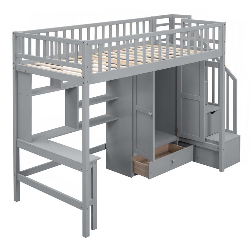 Lit mezzanine avec bibliothèque, tiroirs, bureau et garde-robe, Gris, Lit simple