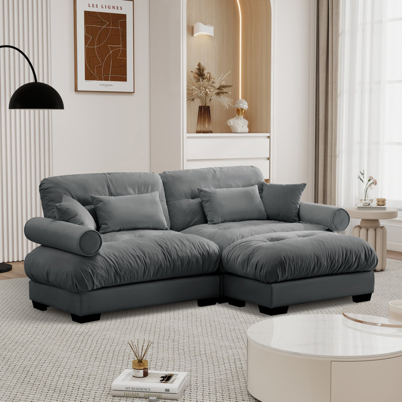 Over Size Modern Upholstered Sofa With Ottoman, Gray Velvet