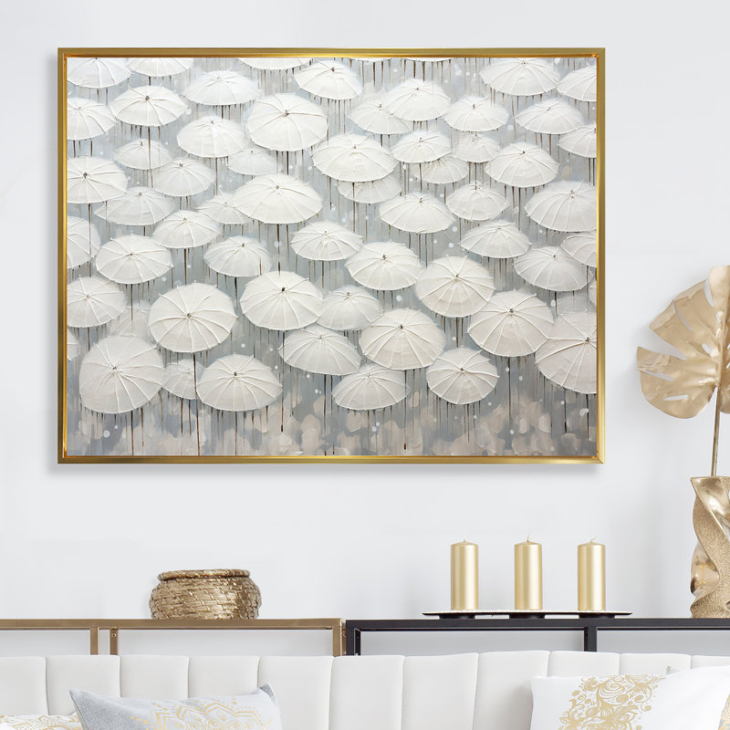 Ciel plein de parapluies blancs sur toile, Cadre flottant doré, H 12 po x l 20 po x P 1 po
