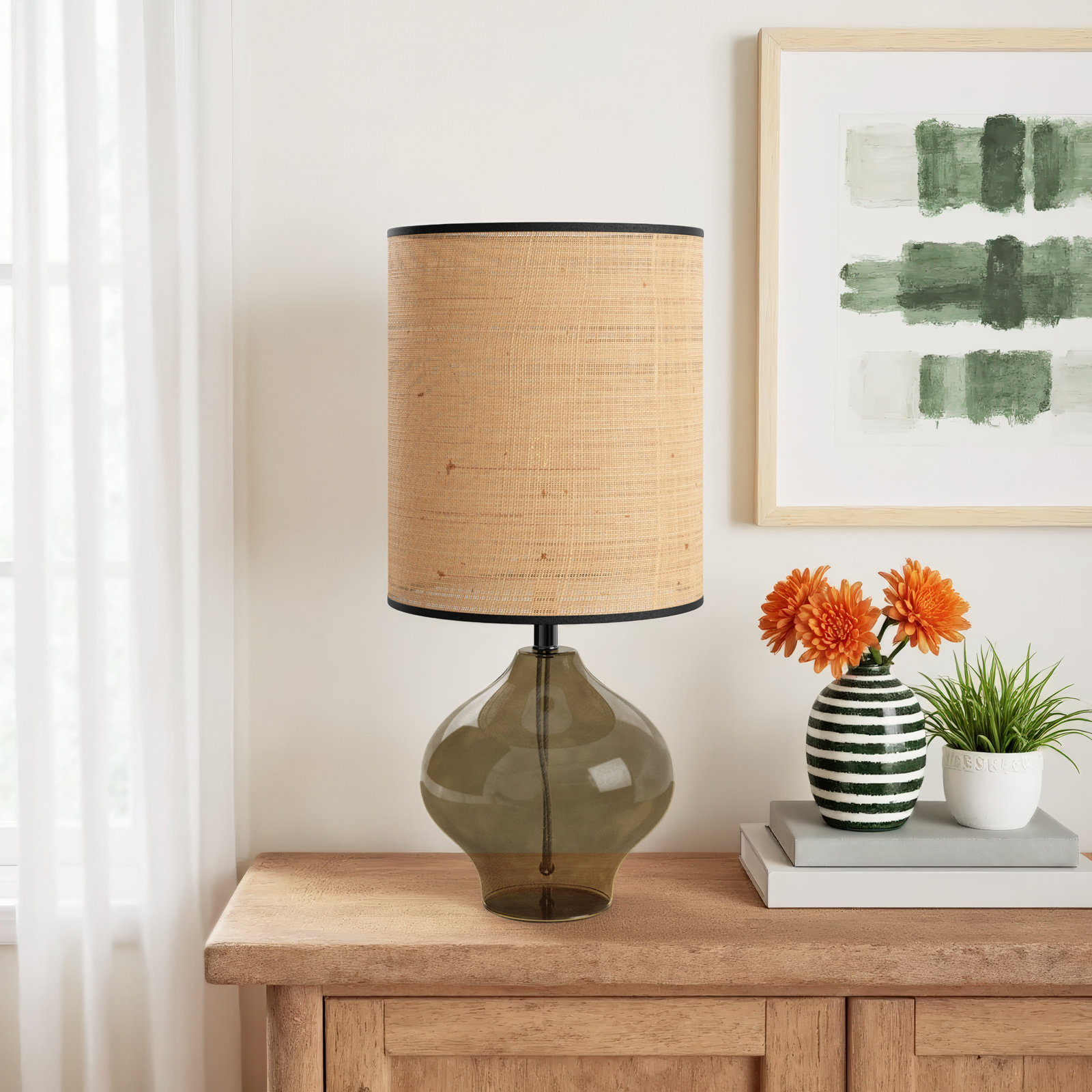 Philomena Glass Table Lamp, Dark Green/Black, Natural Woven Rattan/Black Trim, 28.50" H x 13" W x 13" D