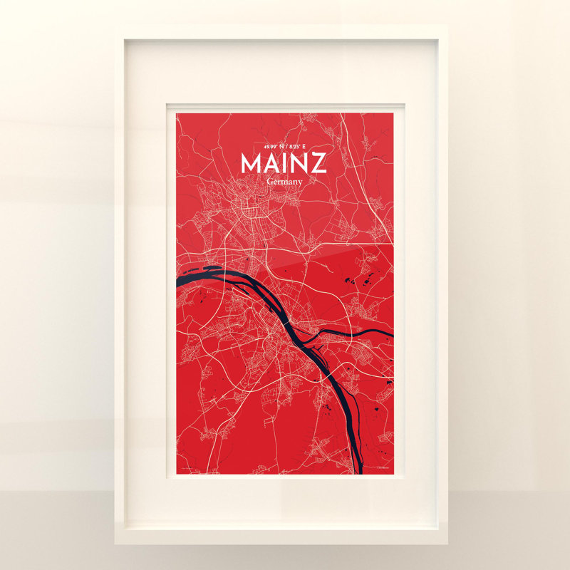 Mainz, carte de la ville, impression, Rouge / Bleu marine, H 17 po x l 11 po
