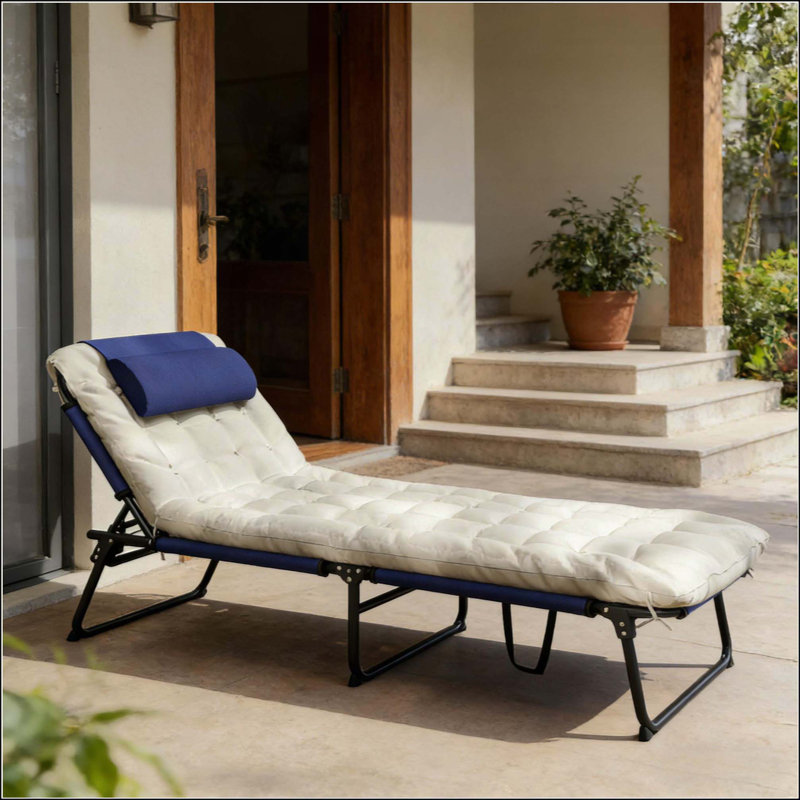 Chaise longue d'extérieur, chaise longue pliante, Blanc / Marine