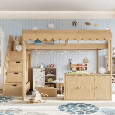 Lit mezzanine lit double au dessus d'un lit double avec escalier de rangement, lit mezzanine pour enfants en bois massif, comptoir de rangement