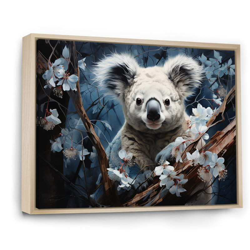 Koala grimpant en peluche - reproduction sur toile, Cadre naturel flottant, H 24 po x l 32 po x P 1 po