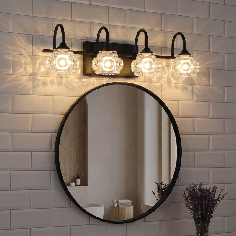 Applique murale moderne noire à 4 lumières de 23 pouces avec verre cristal., Noir mat, Quatre lumières