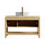 Meuble-lavabo 48 po, meuble-lavabo autoportant en contreplaqué avec 3 portes en bambou texturé et tablette ouverte, vasque en céramique à motif marbré et plateau en pierre frittée blanc de Carrare, couleur grain de bois