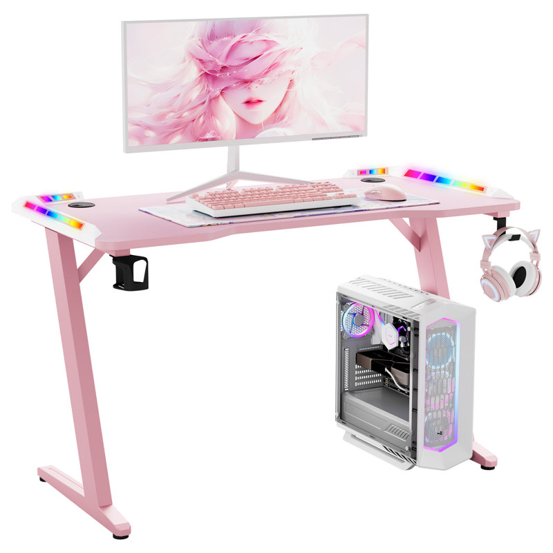 120cm W Rectangular Computer Desk, Gaming Desk with LED Lights, Cup Holder & Hook, Pink