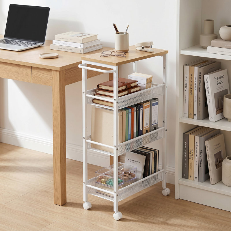 Chariot roulant mince, chariot de rangement à 4 niveaux, chariot étroit avec poignée, profondeur de 8,7 pouces, cadre en métal, pour la cuisine, la salle à manger, le salon, le bureau personnel, chêne beige et blanc ULRC033W09