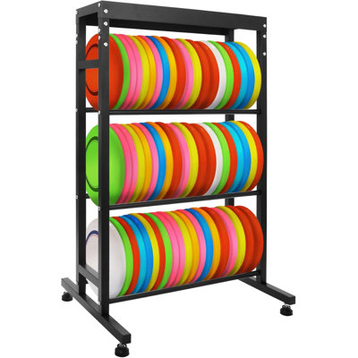Heavy‑Duty Metal Disc Golf Storage Rack, Space‑Saving Disc Golf Station Organizer, Freestanding Disc Golf Shelf for Disc Golf Equipment Storage, Black