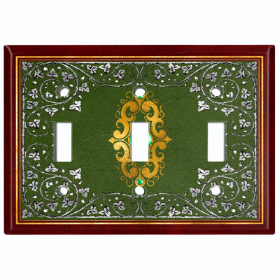 Metal Light Switch Plate Outlet Cover (Green Elegant Silver Flower Red Trim - Single Toggle)