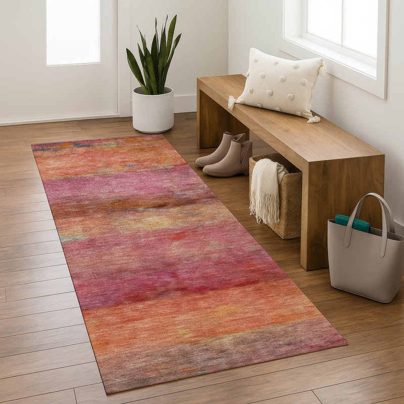 Premium Machine Washable Mayfield AMF2311 Stripes Rug, 2'3" x 7'6" Runner, Pink