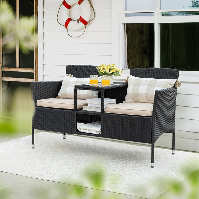 Causeuse d'extérieur en osier 2 places avec table intégrée et coussins Banc de véranda en rotin pour balcon, pelouse, cour arrière (beige)