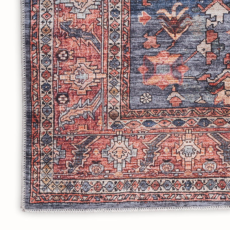 Tapis oriental bleu marine / rouge brique lavable à la machine Lotte, Rectangle 7 pi 10 po x 9 pi 10 po