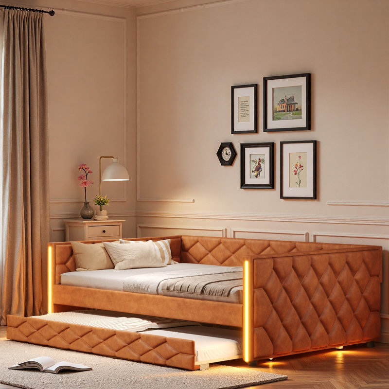 Upholstered Daybed With Trundle And Led, Brown