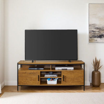 Meuble télé en bois pour téléviseurs jusqu'à 65 pouces, centre multimédia avec deux portes et système de gestion des câbles, chêne brun