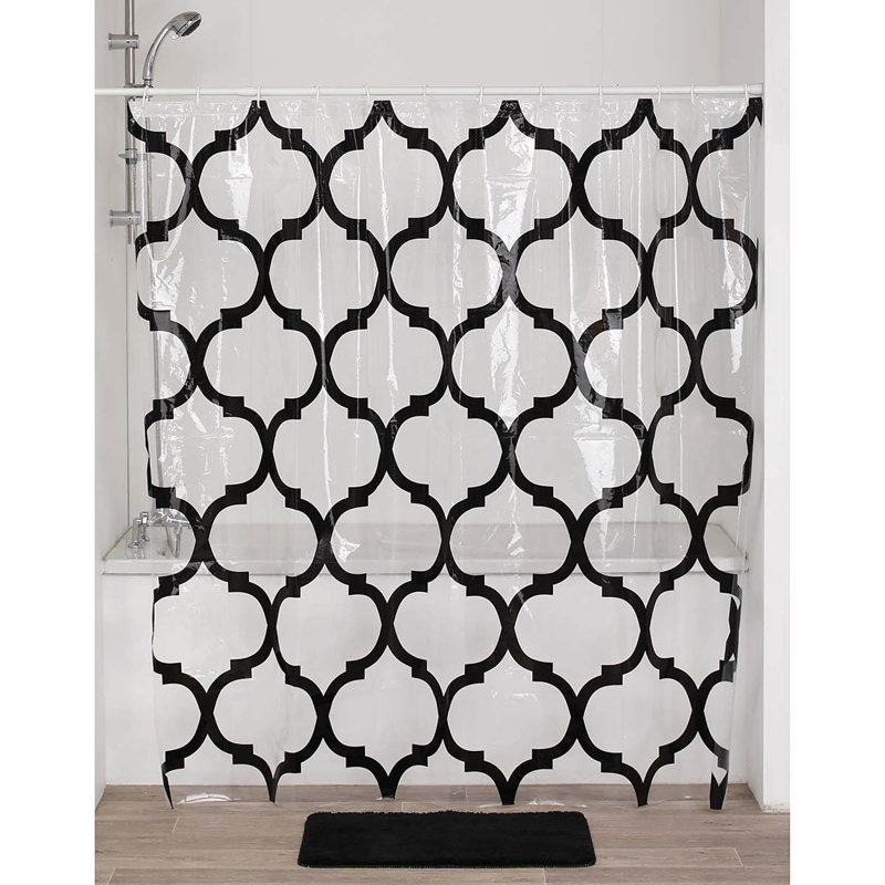 Transparent PEVA Shower Curtain with Black Arabesque Design, 71x71 Inches