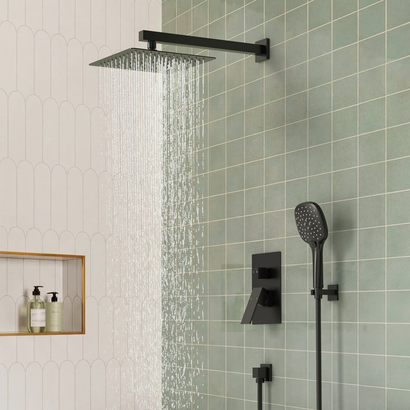 Système de douche à pression équilibrée, robinet de douche à pluie de 10 pouces avec valve brute, Noir mat, 2.5